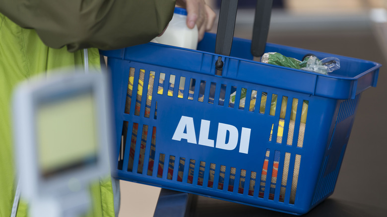 An Aldi shopping basket full of groceries