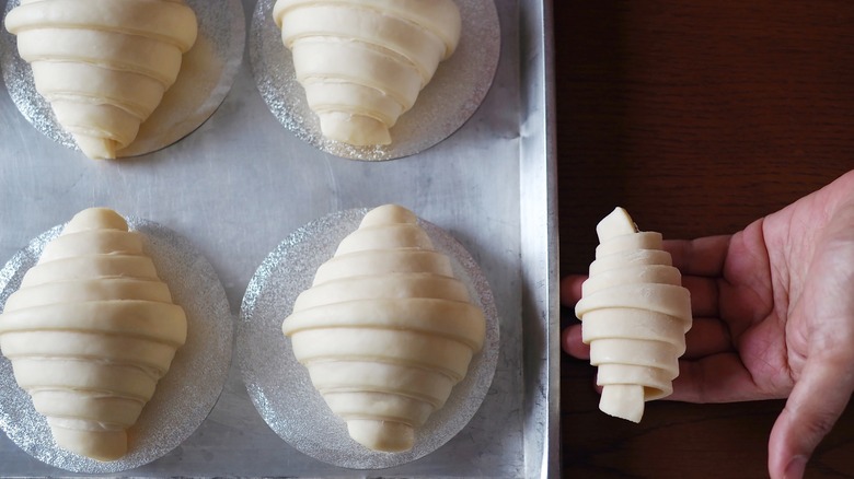 Proofed croissants alongside non-proofed croissan