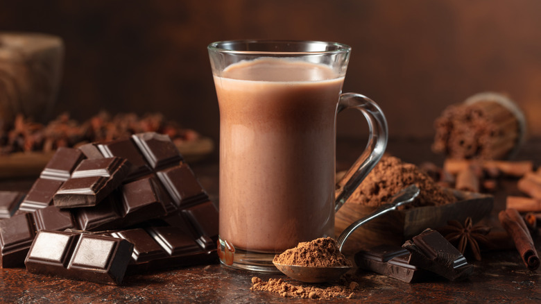 Chocolate drink surrounded by pieces of chocolate and cocoa powder