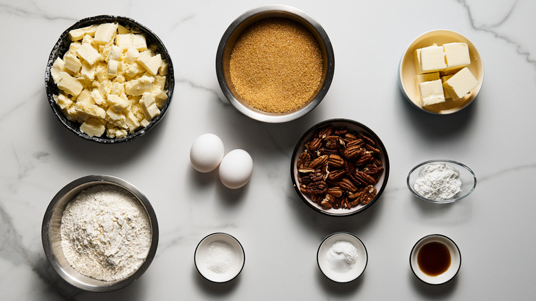 Ingredients for blondies on marble countertop