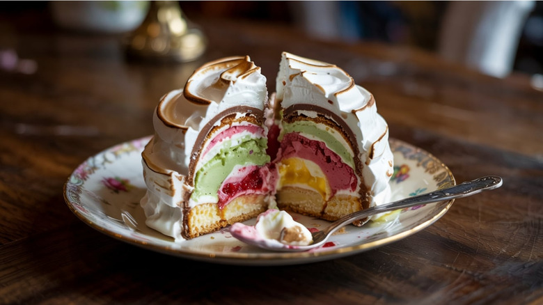 A layered Baked Alaska sliced open