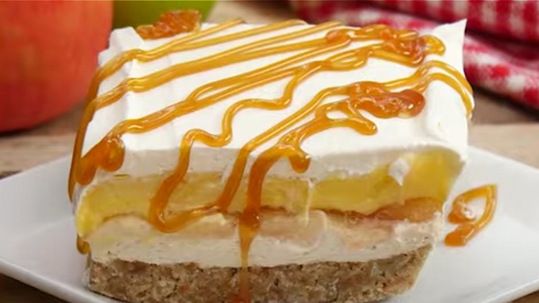 icebox cake drizzled with caramel sauce