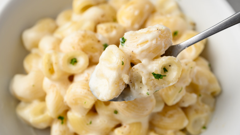 White mac and cheese in a bowl and on a spoon