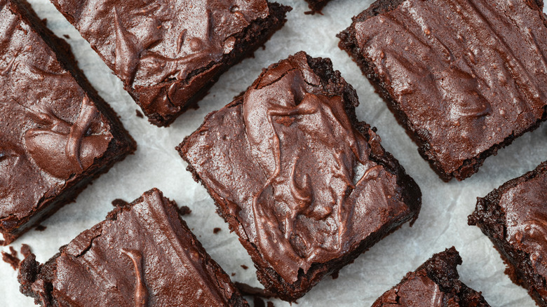 Close up shot of brownies with icing