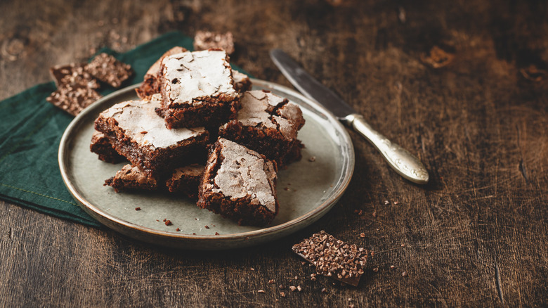 Brownies topped with powdered sugar