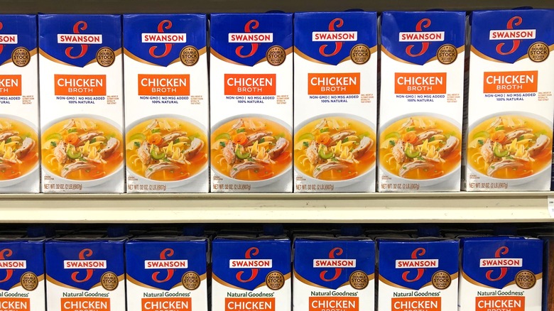 Shelves of boxed chicken broth
