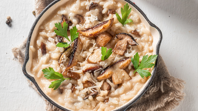 Mushroom risotto in a pan