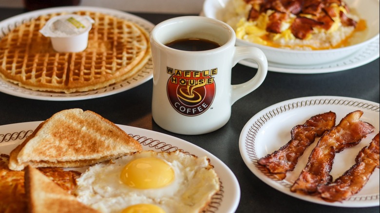Waffle House food and coffee cup on table