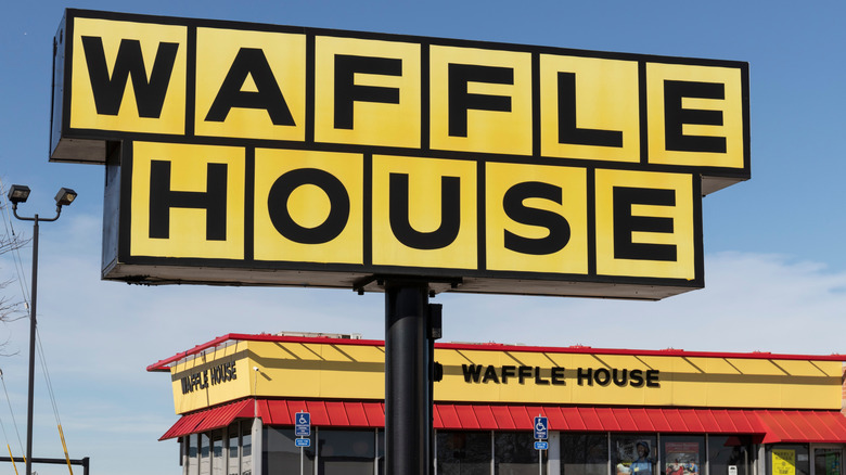 Waffle House sign and restaurant exterior