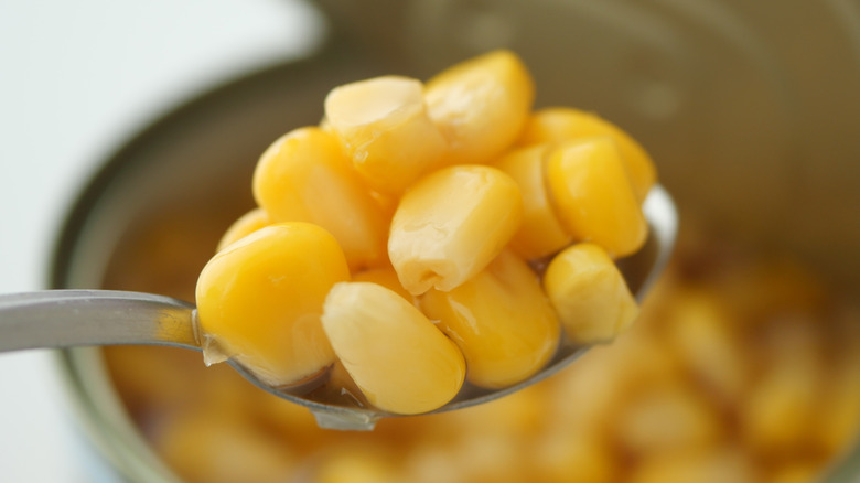 A close up of a spoon filled with corn kernels