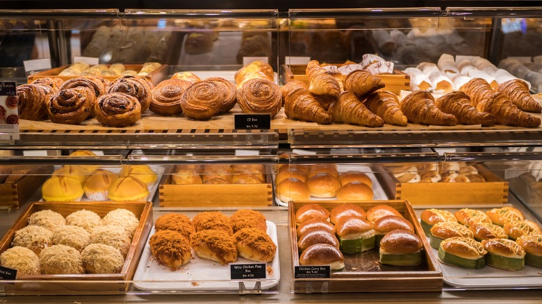 various baked goods in bakery display 