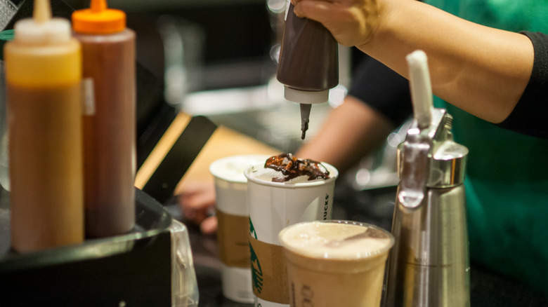 Starbucks drink with chocolate drizzle