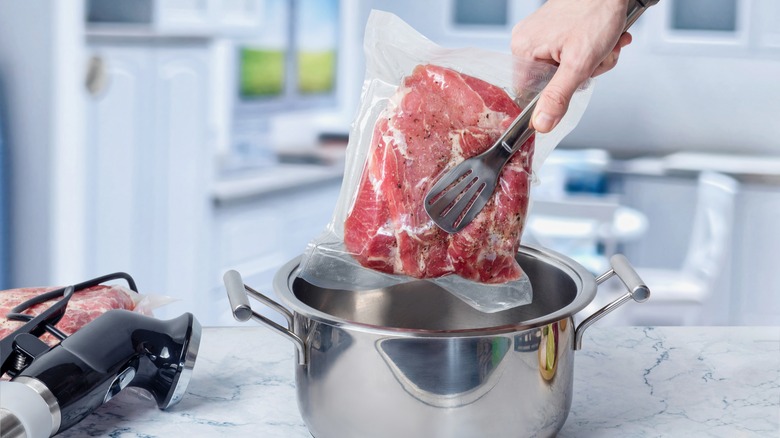 person cooking sous vide steak