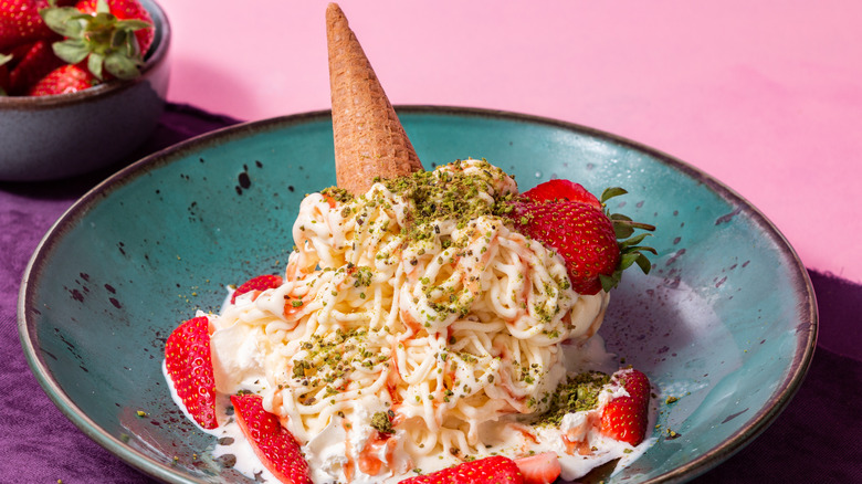 bowl of pasta made of ice cream