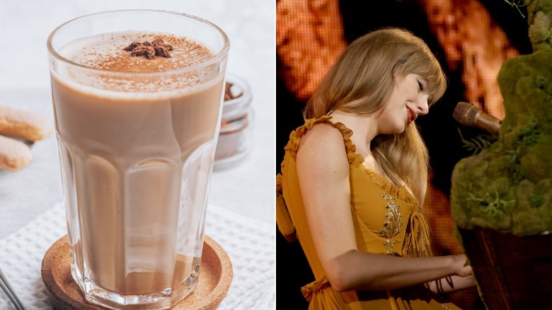 Taylor Swift at moss-covered piano with dirty chai