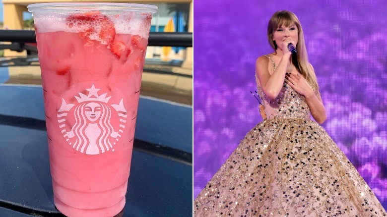 Taylor Swift on stage with pink drink