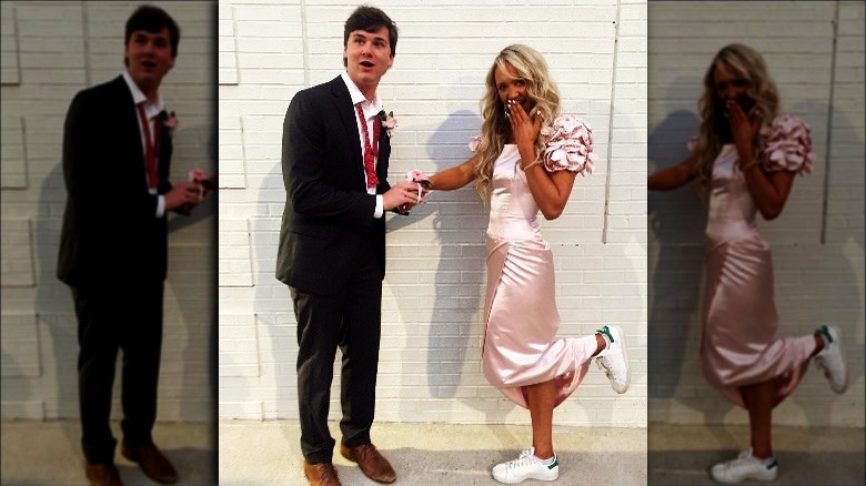 Paige Drummond wearing prom dress, with date