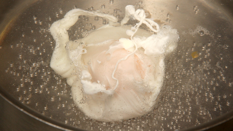 An egg boling in a pot of water 