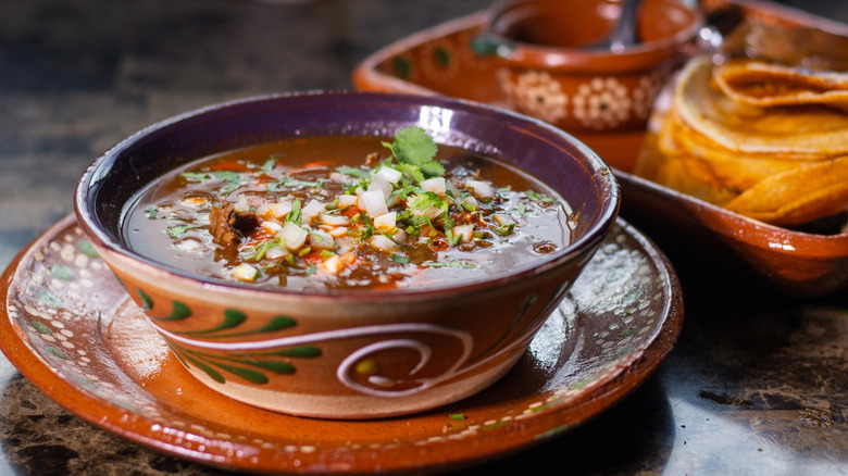 Mexican birria topped with raw onions and cilantro