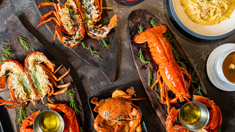 A variety of seafood spread out on a table.