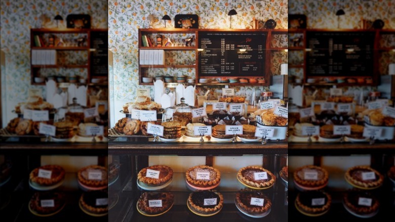 Baked goods in pastry case at Lauretta Jean's Pie in Portland, Oregon.