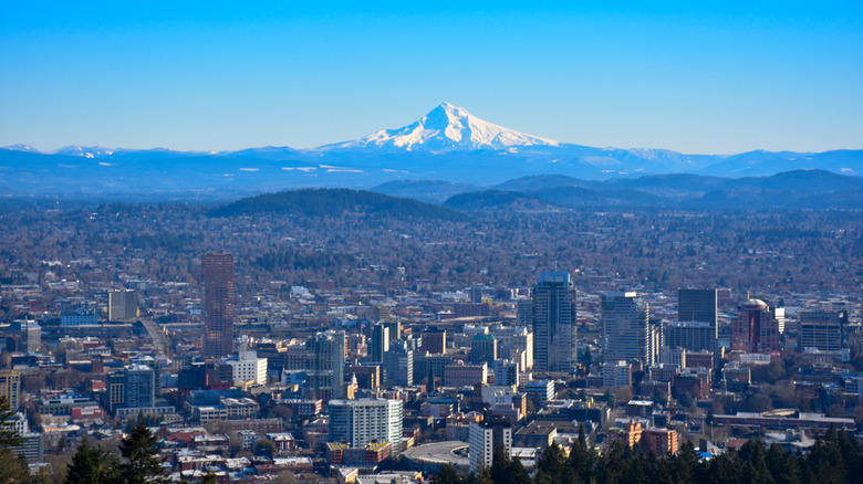 Aerial view of Portland, Oregon with Mt. Hood in the distance.