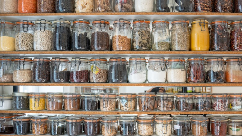 Dried goods arranged in glass jars