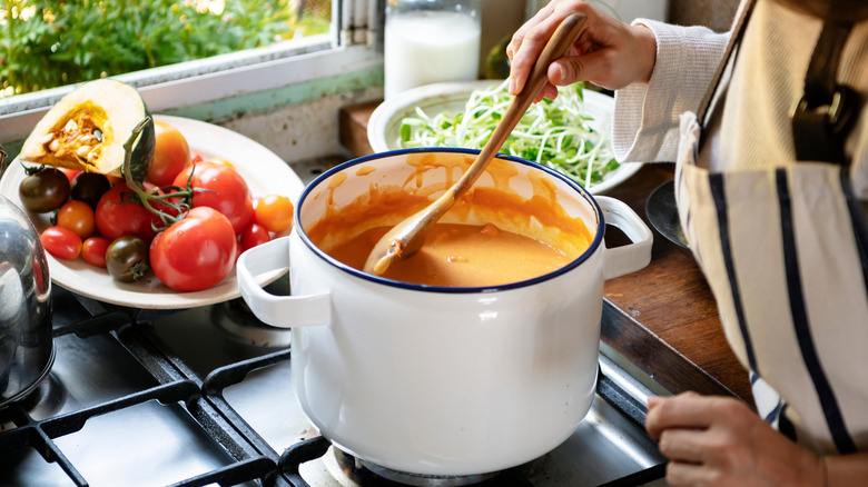 person stirring soup on stove