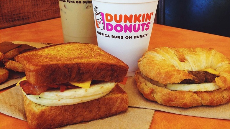 Dunkin' drinks and sandwiches