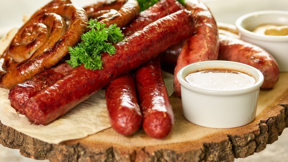 Sausages on a chopping board