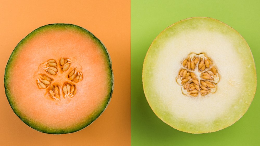 Cantaloupe and honeydew melons, halved