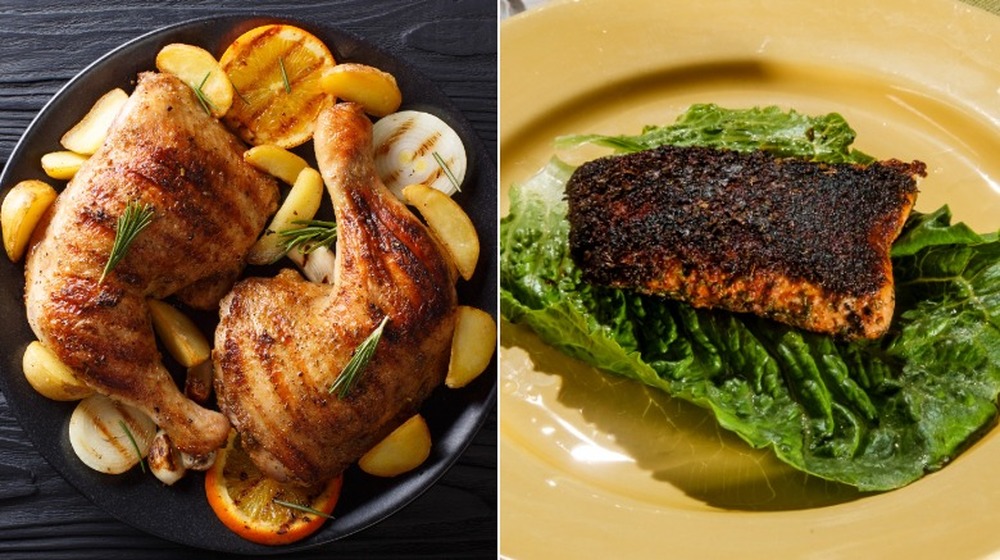 grilled chicken and blackened salmon