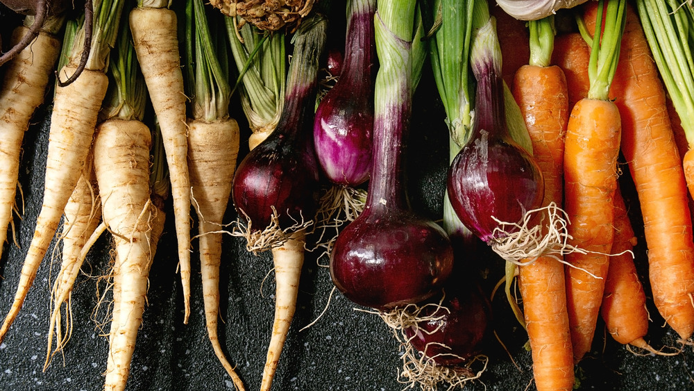 Parsnips, purple onions, and carrots