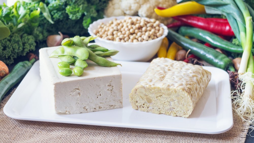 tofu and tempeh on a white plate