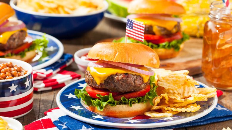Buffet of Food and Hamburger with American FlagTootpick 