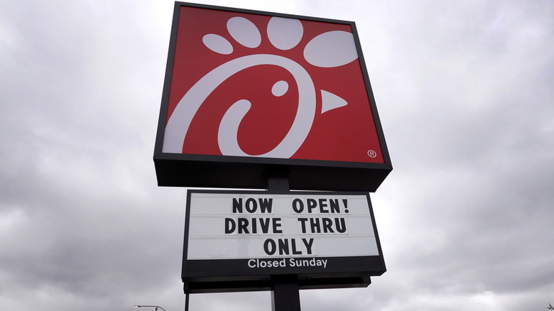A Chick-Fil-A sign declaring drive-thru only