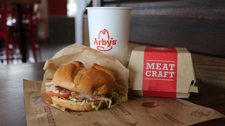 Arbys sandwich, fries and drink