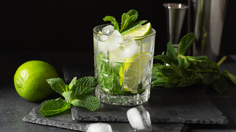 Mojito cocktail with mint and lime in background 