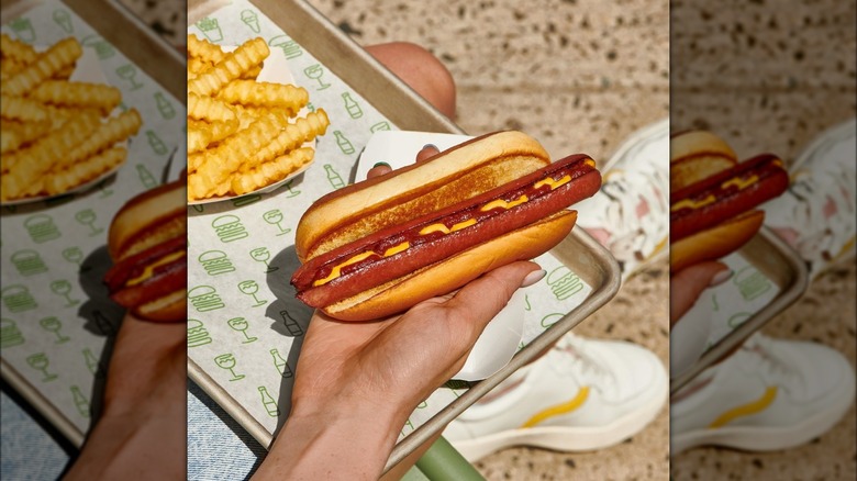 person holding shake shack hot dog with ketchup and mustard