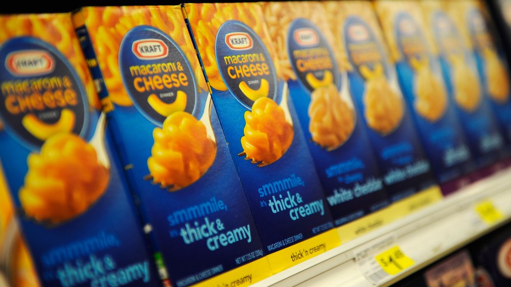 Kraft macaroni and cheese on a store shelf