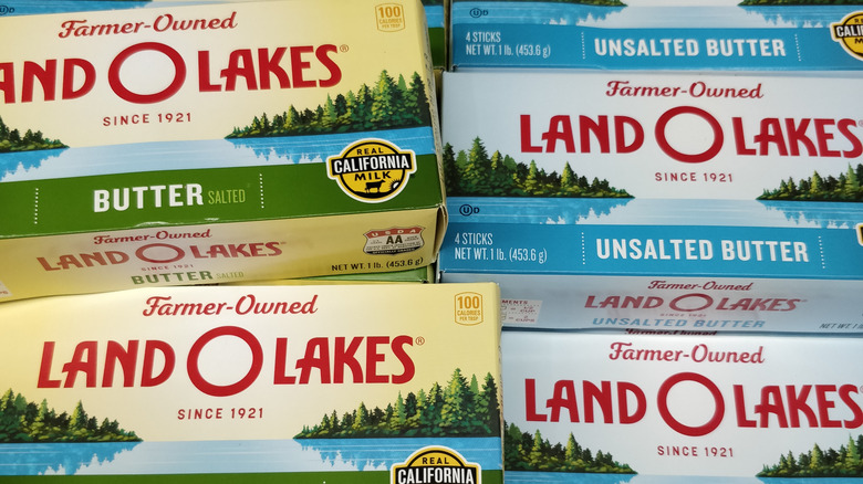 Closeup of several Land O' Lakes Butter packages