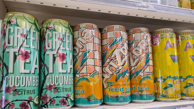 AriZona tea cans on shelf