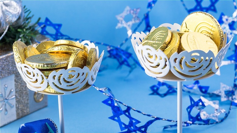 Chocolate gelt in decorative holders