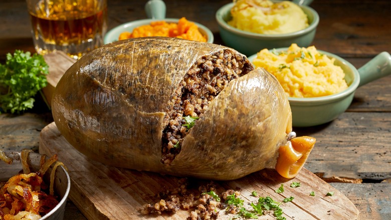 sliced haggis on board