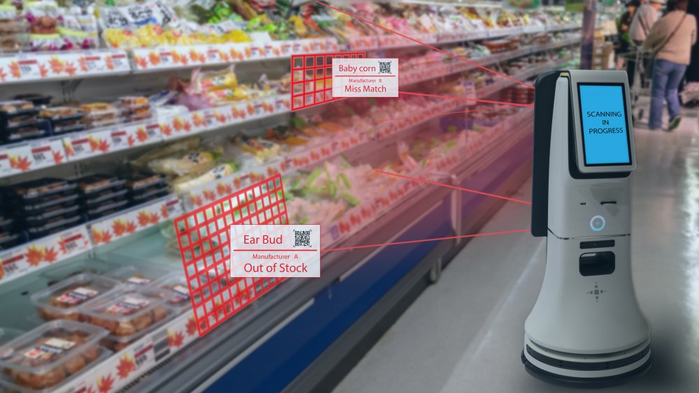 A Robots scans a grocery store in the future which inexplicably presents its ear buds next to the baby corn and other chilled food items. Now that's high tech? 