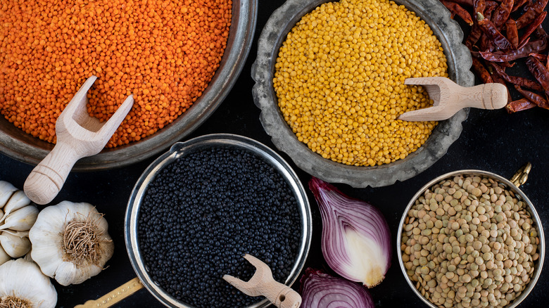 dried lentils in bowls