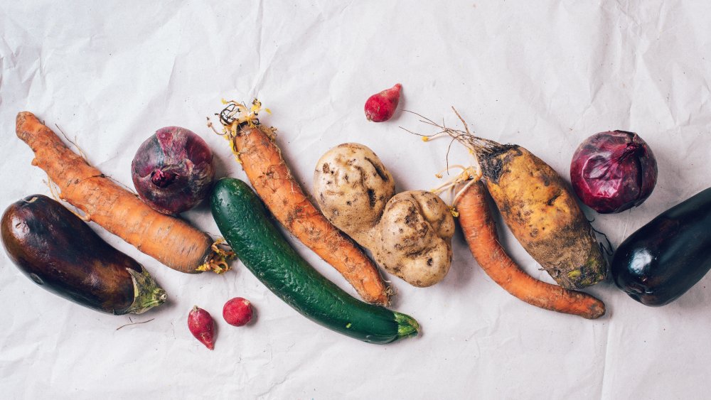 Spoiled vegetables on white background