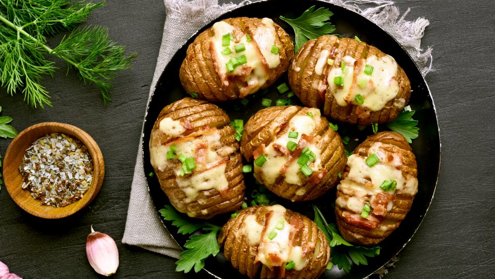 Baked potatoes in a skillet