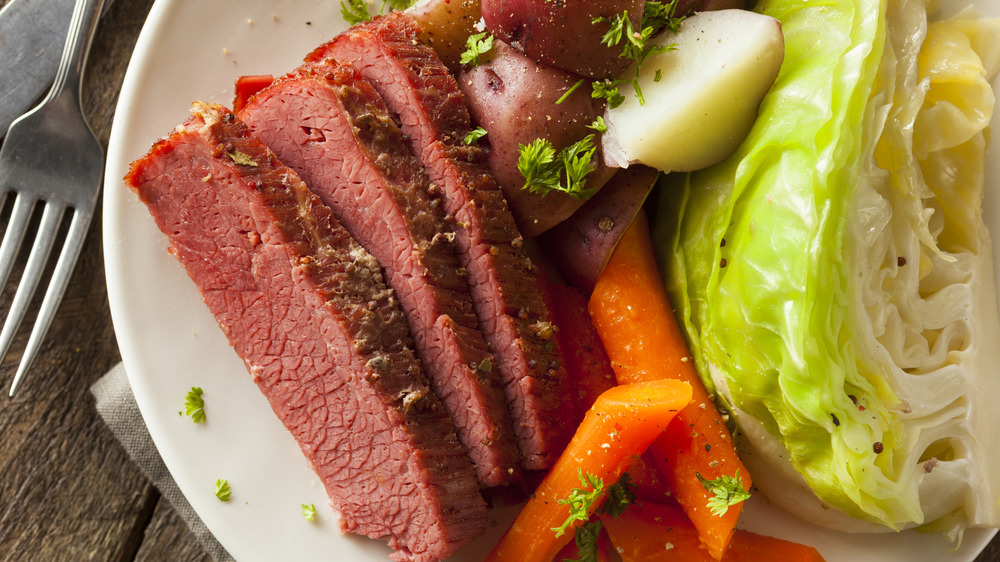 plate of corned beef and cabbage