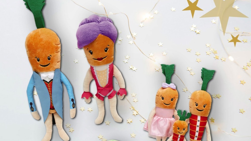 anthropomorphic plush toys: Kevin the Carrot & wife, three children carrots and brussel sprout